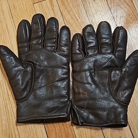 FIRM$ Men's Black Leather Brown Fur lined gloves empire fingers vintage - Picture 6 of 9